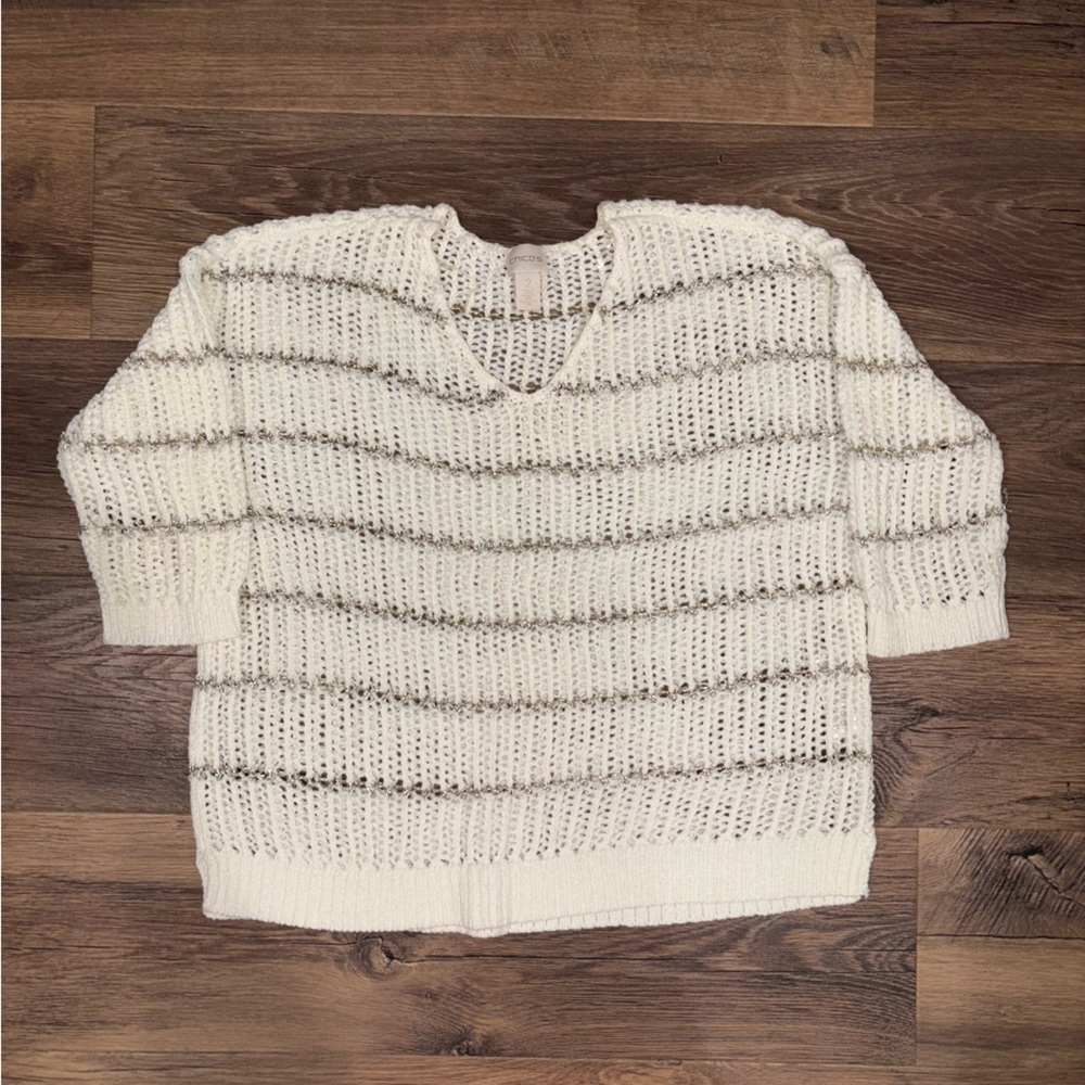 Chico's Cream and GOld V-Neck Sweater